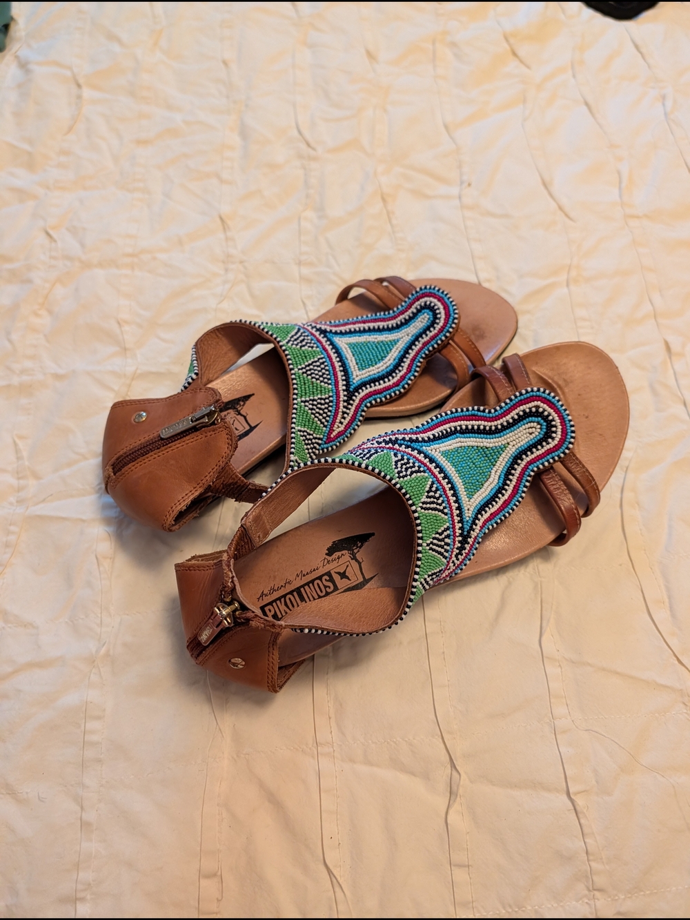 Pikolinos Brown Leather Sandals with Blue & Green Beaded Detail